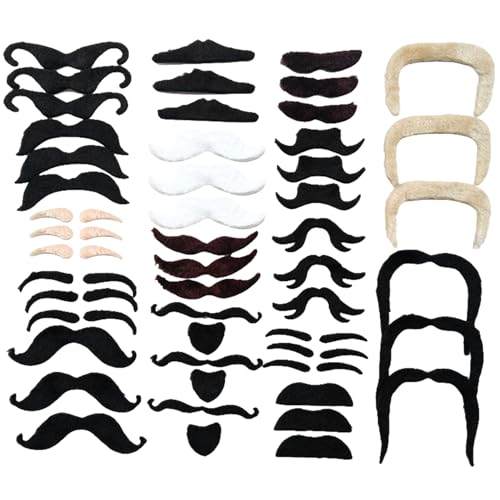 Gefälschte Schnurrbärte 48pcs Halloween Stick on Schnurrbart 16 Designs Selbstklebende Bärte lustige Kostüme Accessoires für Karneval, Cosplay, Maskerade-Party, gefälschter Bart von Cndiyald