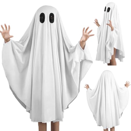 Ghost Poncho Halloween Scary Ghost Cape für Kinder 39,4 '' Langhautfreundlich ＆ Einfach zu tragen Ghost Cloak Halloween Kostüm für Kinder im Alter von 5 bis 7 Cosplay Dress Up Halloween Party m von Cndiyald