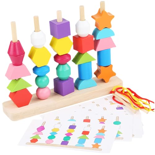 Holzschnürung Perlen Schnürung Perlen Kleinkinder Feinmotorische Fähigkeiten Holzschnürung Perlen Sequencing Toy Set einschließlich 8pcs Musterkarten, 2 Spitze, 10 Farbenperlen für 3+ Kinder Geschenk von Cndiyald