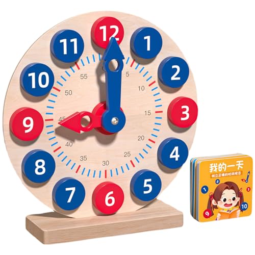 Lernuhr für Kinder lernen Uhr für Kinder 1 Set Holzunterrichtsuhr mit 18 reversiblen Zeitkarten Lernen Sie, die Zeit Uhr frühes Lernen für Bildungsspielzeuggeschenk für 3 Jahre alte Kinder zu erzähle von Cndiyald