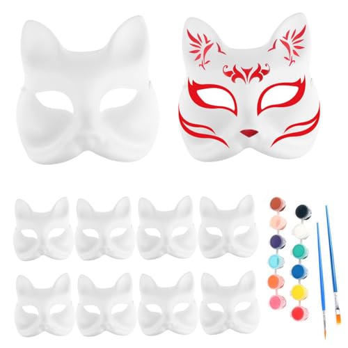 Mask Cosplay Fox Mask 10pcs DIY Cat Mask Cosplay Leere Halloween-Gesichtsmaske mit 12 Farben Pigmenten und 2 Pinsel handbemalte weiße Papiermasken für Halloween Party Cosplay von Cndiyald