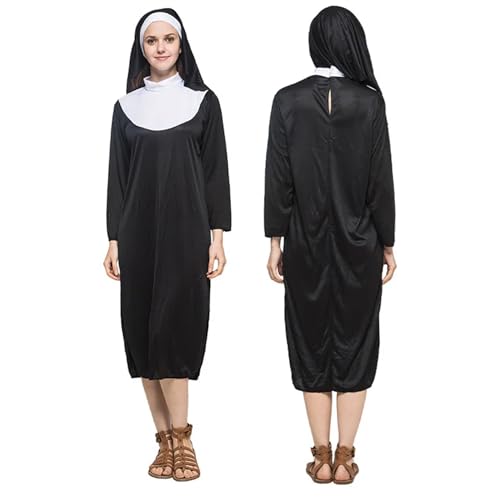 Nonne Kostüme für Frauen Nonne Outfit mit Kopfstücke und Gold Cross Religiöser Damenkleid Kostüme für Halloween -Party -Cosplay -Vorräte, M, Nonnenkostüme für Frauen von Cndiyald