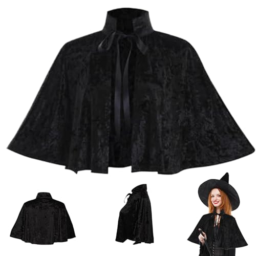 Schwarzes Umhang für Frauen, Gothic Lolita mittelalterlicher Schal -Umhang mit Krawattengurt, Halloween weicher kurzes mittelalterliches Motorhaube für heidnisches Cosplay von Cndiyald