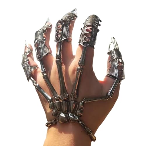 Skeletthandarmband mit 5pcs Vollfinger Ringen Punk Gothic Schmuck mit beweglicher Gelenkschachtel Alloy Halloween Schmuck für Cosplay, Party, Kostüm, Silber von Cndiyald