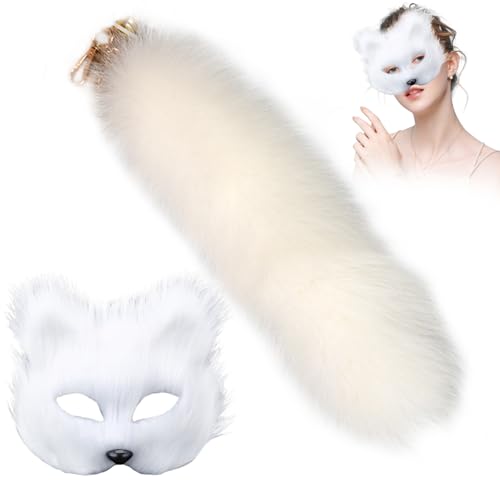 Therian Mask Fuchs Maske und Schwanz realistische pelzige Kostüm dekoratives Therianische Stoffe personalisierte weiße Therianische Maske und Schwanz für Cosplay -Party Halloween Masquerade von Cndiyald