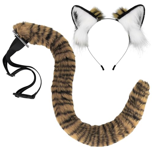 Tigerohren Stirnband und Tigerschwanz, Simulation Tigerkostüm, weiche pelzige Ohren, biegsamer Kunstschwanz mit verstellbarem Riemen für Halloween -Cosplay -Party -Kostümzubehör, Style 2, Tiger Tail von Cndiyald