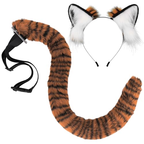 Tigerohren Stirnband- und Tigerschwanzset, Simulation Tigerkostüm, weiche pelzige Ohren, biegsamer Kunstschwanz mit verstellbarem Riemen für Halloween -Cosplay -Party -Kostümzubehör, Style 1, Tiger T von Cndiyald