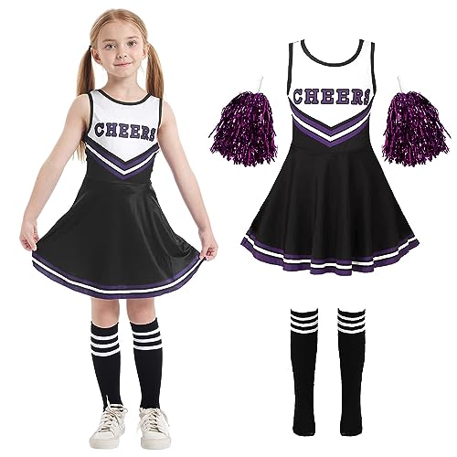 Cheerleader Kostüm Kinder Cheerleading Uniform Kleid Cheerleadering Outfit Mädchen mit Pompoms Socken Halloween Weihnachten Karneval Prinzessin Geburtstag Party Verkleidung Kinder，Black 111 von Cnexmin