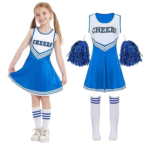 Cheerleader Kostüm Kinder Cheerleading Uniform Kleid Cheerleadering Outfit Mädchen mit Pompoms Socken Halloween Weihnachten Karneval Prinzessin Geburtstag Party Verkleidung Kinder，Blue 110 von Cnexmin