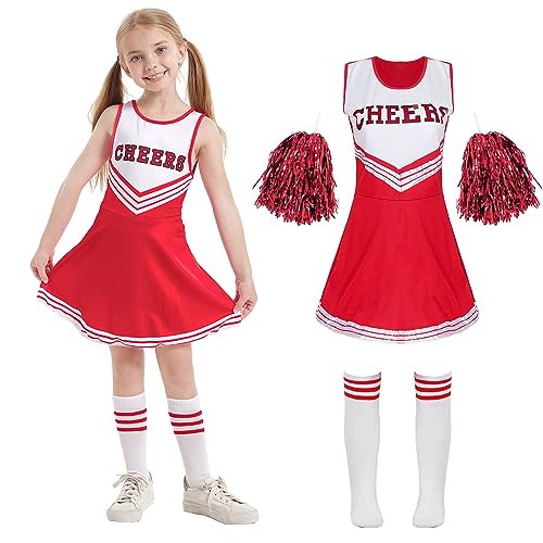 Cheerleader Kostüm Kinder Cheerleading Uniform Kleid Cheerleadering Outfit Mädchen mit Pompoms Socken Halloween Weihnachten Karneval Prinzessin Geburtstag Party Verkleidung Kinder,Red 110 von Cnexmin