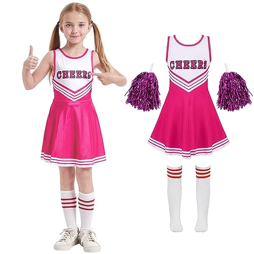 Cheerleader Kostüm Kinder Cheerleading Uniform Kleid Cheerleadering Outfit Mädchen mit Pompoms Socken Halloween Weihnachten Karneval Prinzessin Geburtstag Party Verkleidung Kinder，pink 120 von Cnexmin