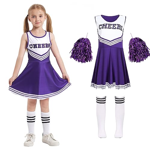 Cheerleader Kostüm Kinder Cheerleading Uniform Kleid Cheerleadering Outfit Mädchen mit Pompoms Socken Halloween Weihnachten Karneval Prinzessin Geburtstag Party Verkleidung Kinder，purple 110 von Cnexmin