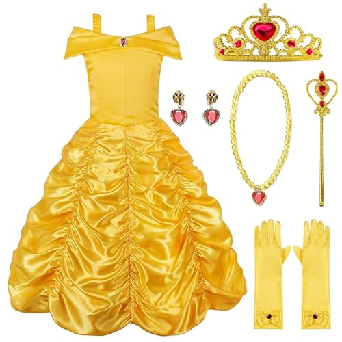 Cnexmin Mädchen Die Schöne und das Biest Kleid Kind Verkleidung Kleid Prinzessin Belle Kind mit Prinzessin Krone Halskette Set Geburtstag Party Halloween Karneval Weihnachten Party Cosplay Kleid von Cnexmin