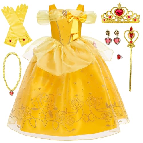 Cnexmin Mädchen Die Schöne und das Biest Kleid Kind Verkleidung Kleid Prinzessin Belle Kind mit Prinzessin Krone Halskette Set Geburtstag Party Halloween Karneval Weihnachten Party Cosplay Kleid von Cnexmin