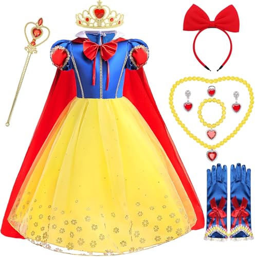 Cnexmin Mädchen Schneewittchen Kostüm Prinzessin Schneewittchen Kostüm Kleid mit Umhang Zubehör Halloween Weihnachten Karneval Prinzessin Geburtstag Party Verkleidung Kinder,110cm von Cnexmin