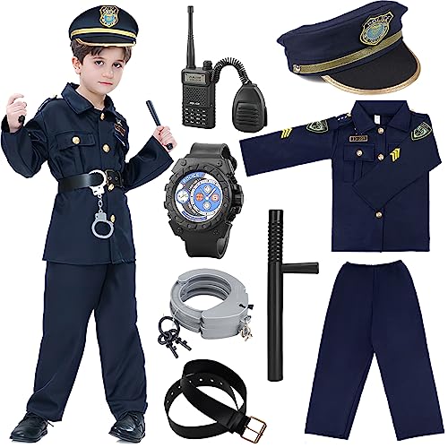 Cnexmin Polizei-Kostüm für Kinder, Polizei, mit Zubehör, Hemd, Hose, Hut, Gürtel, Pistolen und Pistolenetui, Polizei-Talkie-Set für Karneval, Halloween, Blau, S von Cnexmin