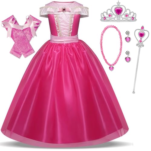 Cnexmin Prinzessin Kleid Aurora Mädchen Kostüm Holz Schlafen Prinzessin Kostüm Geburtstag Weihnachten Halloween Party Karneval Cosplay Abendkleid für Rose 3-4 Jahre/110 von Cnexmin