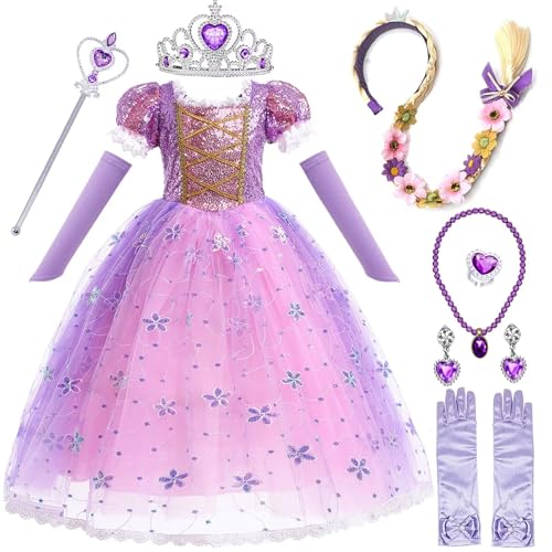 Cnexmin Rapunzel Kostüm Kinder Mädchen Prinzessin Rapunzel Kostüm Rapunzel Kleid Mädchen mit Zubehör Geburtstag Party Weihnachten Halloween Karneval Cosplay Kleider，100 von Cnexmin