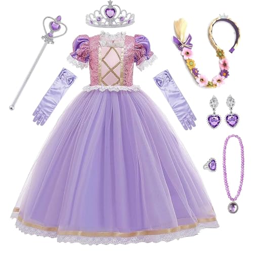 Cnexmin Rapunzel Kostüm Kinder Mädchen Prinzessin Rapunzel Kostüm Rapunzel Kleid Mädchen mit Zubehör Geburtstag Party Weihnachten Halloween Karneval Cosplay Kleider，100 von Cnexmin