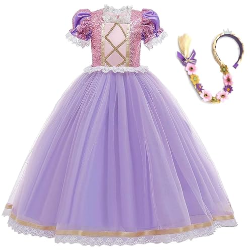 Cnexmin Rapunzel Kostüm Kinder Mädchen Prinzessin Rapunzel Kostüm Rapunzel Kleid Mädchen mit Zubehör Geburtstag Party Weihnachten Halloween Karneval Cosplay Kleider，110 von Cnexmin