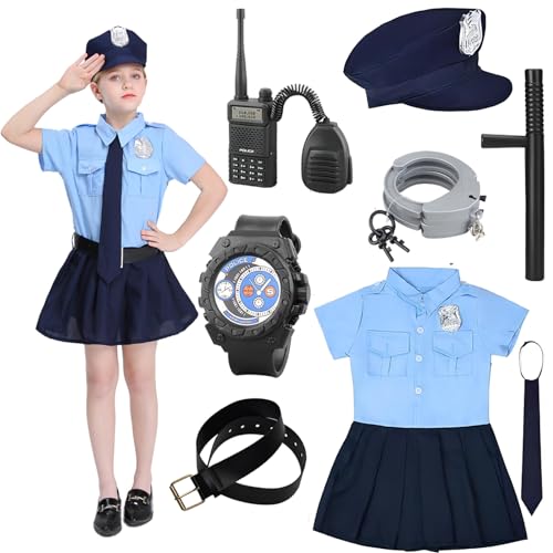 Verkleidung Polizist Kinder Polizist für Mädchen mit Zubehör Pistolen Polizei Handschellen Walkie Talkie Kappe Gürtel für Halloween Verkleidung Cosplay Karneval Blau 110 cm von Cnexmin