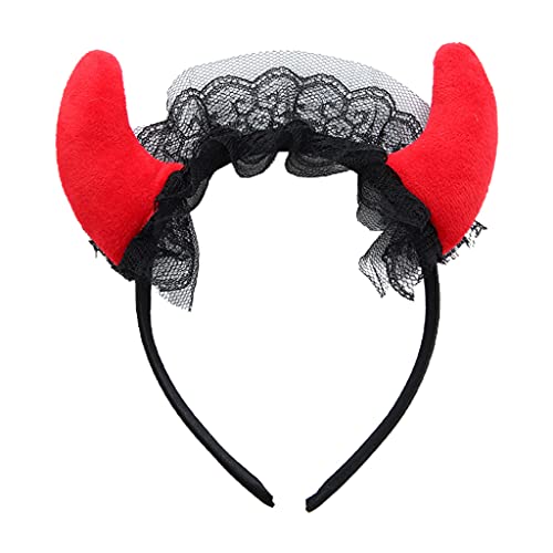 Cnrfeoap Rotes Teufelshorn-Stirnband, Rüschen, Spitze, Kopfbedeckung für Halloween, Party, Cosplay, Kopfschmuck, Partyzubehör von Cnrfeoap