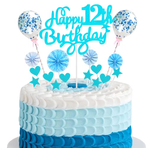 Cnrose Tortendeko junge 12. Geburtstag Hello 12 Cake Topper Blau mit Herz Stern Ballon Kuchendeko 12. Geburtstag junge Happy 12th Birthday Tortendeko 12 jahre junge mädchen 12 Geburtstag junge mädchen von Cnrose