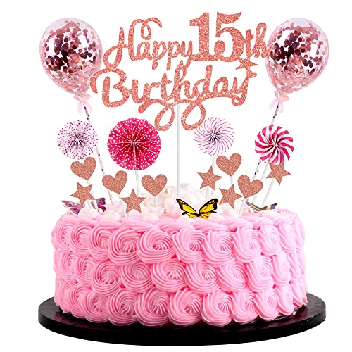 Cnrose Tortendeko Mädchen 15. Geburtstag Hello 15 Cake Topper Rosegold mit Herz Stern Ballon Kuchendeko 15. Geburtstag Mädchen Happy 15th Birthday Tortendeko 15 jahre Mädchen 15 Geburtstag Mädchen von Cnrose