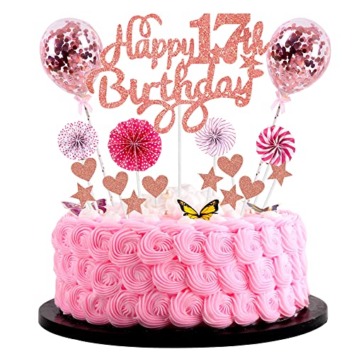 Cnrose Tortendeko Mädchen 17. Geburtstag Hello 17 Cake Topper Rosegold mit Herz Stern Ballon Kuchendeko 17. Geburtstag Mädchen Happy 17th Birthday Tortendeko 17 jahre Mädchen 17 Geburtstag Mädchen von Cnrose