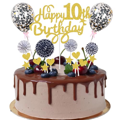 Happy 10th Birthday Tortendeko 10 jahre junge mädchen Kuchendeko 10. Geburtstag Gold Schwarz Tortendeko 10. Geburtstag junge Tortendeko Gold Mit Herz Stern Ballon Glitter Cake Topper für 10 Geburtstag von Cnrose