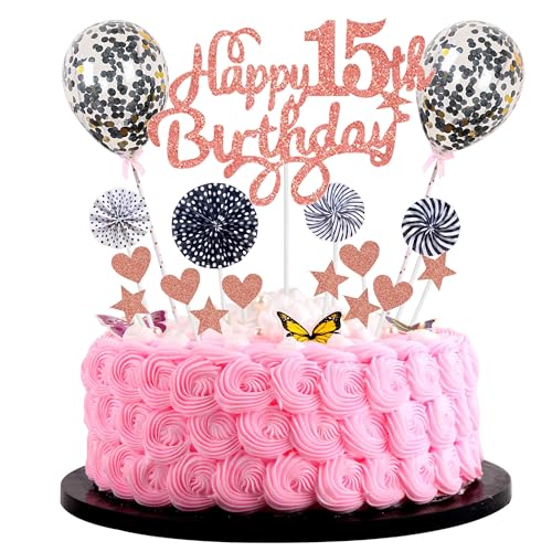 Happy 15th Birthday Tortendeko 15 jahre Mädchen Kuchendeko 15. Geburtstag Mädchen Rosa Schwarz Tortendeko 15. Geburtstag Mädchen Tortendeko Rosegold Schwarz Mit Herz Stern Ballon Glitter Cake Topper von Cnrose