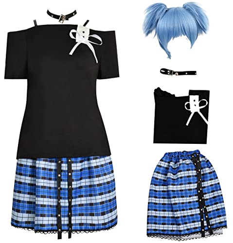 Anime Shiota Nagisa Cosplay Kostüm Assassination Classroom Plaid Rock Anzug Halloween Outfits Schule Uniform Perücke Set (Blauer Anzug + Perücke, L) von Cnulaueu