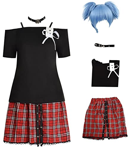 Cnulaueu Anime Shiota Nagisa Cosplay Kostüm Assassination Classroom Plaid Rock Anzug Halloween Outfits Schule Uniform Perücke Set (Roter Anzug + Perücke, L) von Cnulaueu