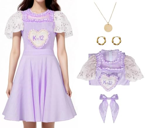 Cnulaueu Damen K12 Cosplay Kostüm Melanie Martinez Lila Kleid Anzug Bühne Outfit Kleid Fliege Ohrringe Halskette Set (Lila, 3XL) von Cnulaueu