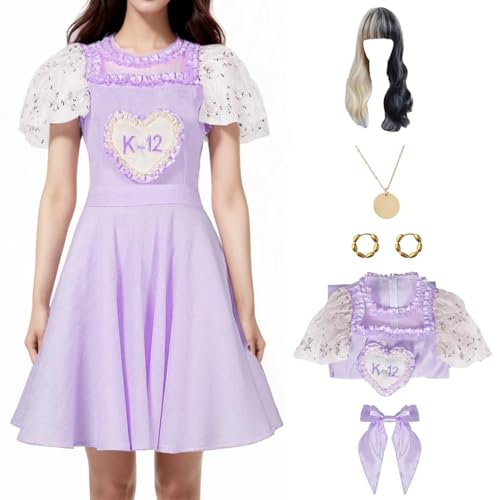 Cnulaueu Damen K12 Cosplay Kostüm Melanie Martinez Lila Kleid Perücke Anzug Bühne Outfit Kleid Fliege Ohrringe Halskette Set (Lila, 3XL) von Cnulaueu