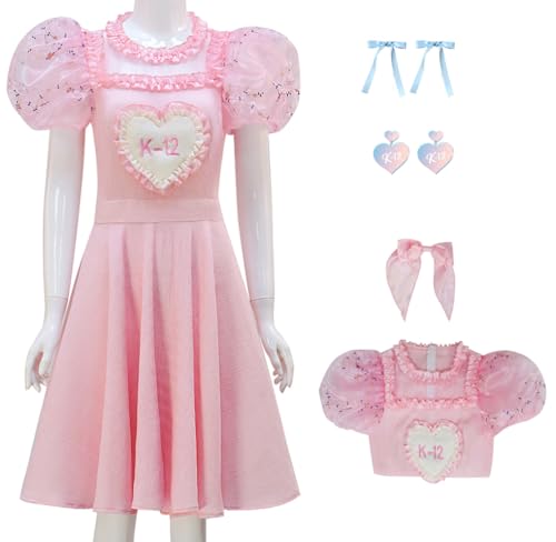 Cnulaueu Damen K12 Cosplay Kostüm Melanie Martinez Rosa Kleid Ohrringe Anzug Halloween Outfit Kleid Fliege Ohrringe Set (Rosa Anzug, L) von Cnulaueu