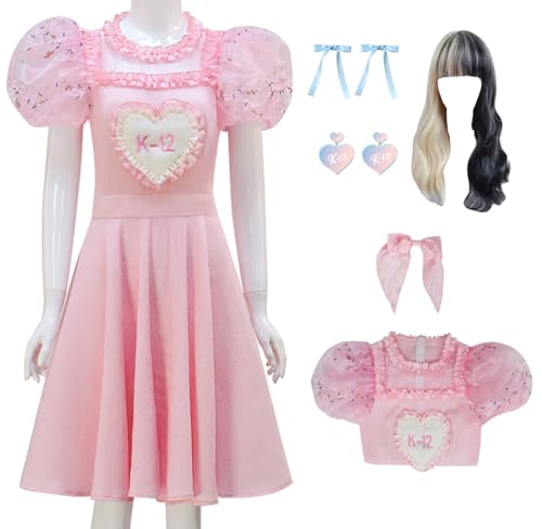 Cnulaueu Damen K12 Cosplay Kostüm Melanie Martinez Rosa Kleid Perücke Anzug Halloween Outfit Kleid Fliege Ohrringe Set (Rosa Anzug + Perücke, 3XL) von Cnulaueu