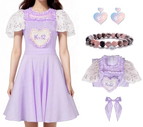 Cnulaueu Damen Melanie Martinez Cosplay Kostüm K12 Lila Kleid Armband Anzug Bühne Outfit Kleid Fliege Ohrringe Set (Lila, 3XL) von Cnulaueu