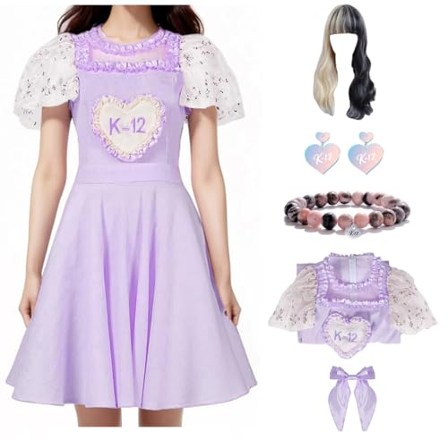 Cnulaueu Damen Melanie Martinez Cosplay Kostüm K12 Lila Kleid Perücke Anzug Bühne Outfit Kleid Fliege Ohrringe Armband Set (Lila, XL) von Cnulaueu