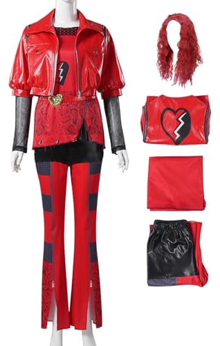 Cnulaueu Damen Rise of Red Cosplay Kostüm Descendants Rot Uniform T-Shirt Jacke Anzug Halloween Outfit Mantel Hosen Set (Rot mit Perücke, L) von Cnulaueu