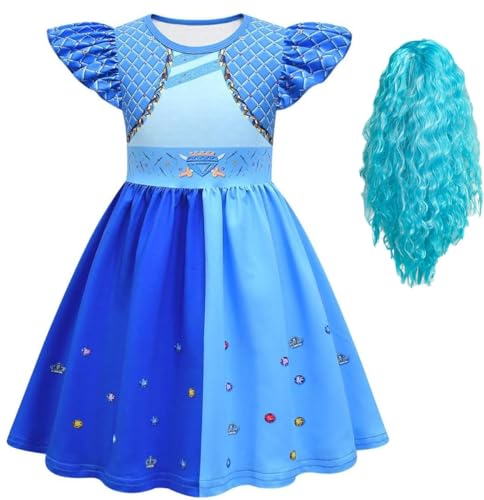 Cnulaueu Descendants Rise of Red Cosplay Kostüm Heart Queen Fancy Kleid Uma Halloween Outfit Rosa Tutu Kleid Rock (Blau + Perücke, L) von Cnulaueu