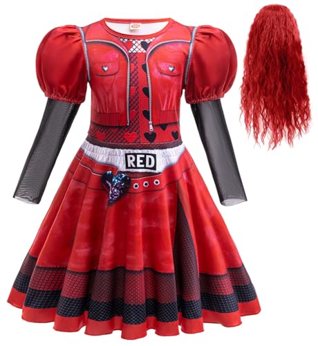 Cnulaueu Descendants Rise of Red Kleid Anzug Mädchen Red Cosplay Kostüm Halloween Outfit Puff Tutu Kleid Full Set (Rot mit Perücke, L) von Cnulaueu