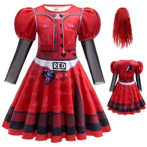 Cnulaueu Descendants Rise of Red Kleid Anzug Red Cosplay Kostüm Halloween Outfit Puff Tutu Kleid Full Set (Rot mit Perücke, M) von Cnulaueu