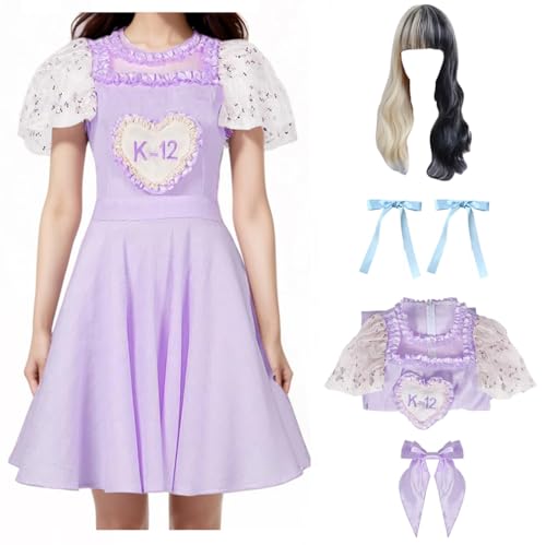 Cnulaueu Erwachsene Melanie Martinez Cosplay Kostüm K12 Lila Kleid Perücke Anzug Halloween Bühne Outfit Kleid Headwear Fliege Set (Lila, M) von Cnulaueu