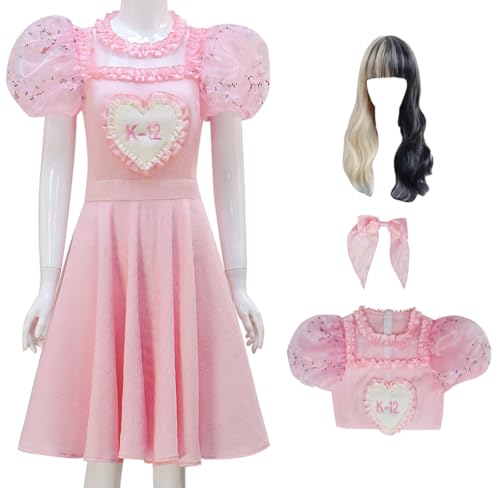 Cnulaueu Erwachsene Melanie Martinez Cosplay Kostüm K12 Rosa Kleid Perücke Anzug Halloween Bühne Outfit Kleid Fliege Set (Rosa + Perücke, 3XL) von Cnulaueu