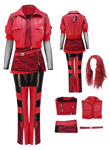 Cnulaueu Erwachsene Red Tunika Jacke Uniform Perücke Anzug Descendants Rise of Red Cosplay Kostüm Halloween Outfit Mantel (Rot + Perücke, 3XL) von Cnulaueu