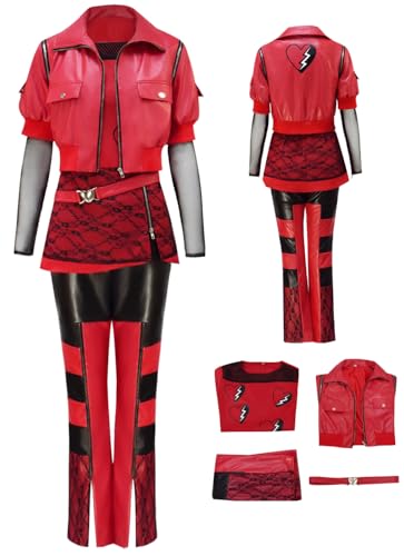 Cnulaueu Erwachsener Descendants Rise of Red Cosplay Kostüm Red Tunika Jacke Uniform Anzug Halloween Outfit Mantel Hosen Gürtel (Rot Anzug, 3XL) von Cnulaueu