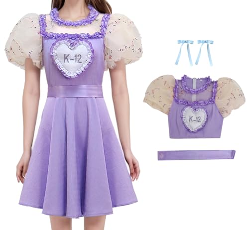 Cnulaueu Erwachsener K12 Melanie Cosplay Kostüm Lila Kleid Gürtel Anzug Halloween Outfit Kleid Headwear Set (Lila 02, L) von Cnulaueu