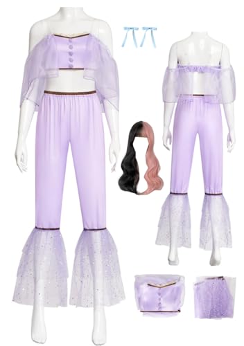 Cnulaueu Erwachsener Melanie Cosplay Kostüm K12 Lila Korsett Top Anzug Halloween Bühne Outfit Shirt Hosen Full Set (Lila mit Perücke, M) von Cnulaueu