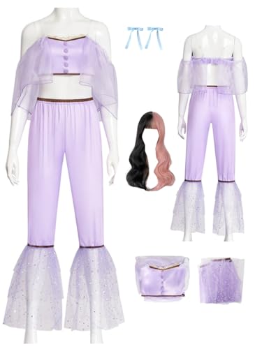 Cnulaueu Erwachsener Melanie Cosplay Kostüm K12 Lila Korsett Top Anzug Halloween Bühne Outfit Shirt Hosen Full Set (Lila mit Perücke, XS) von Cnulaueu